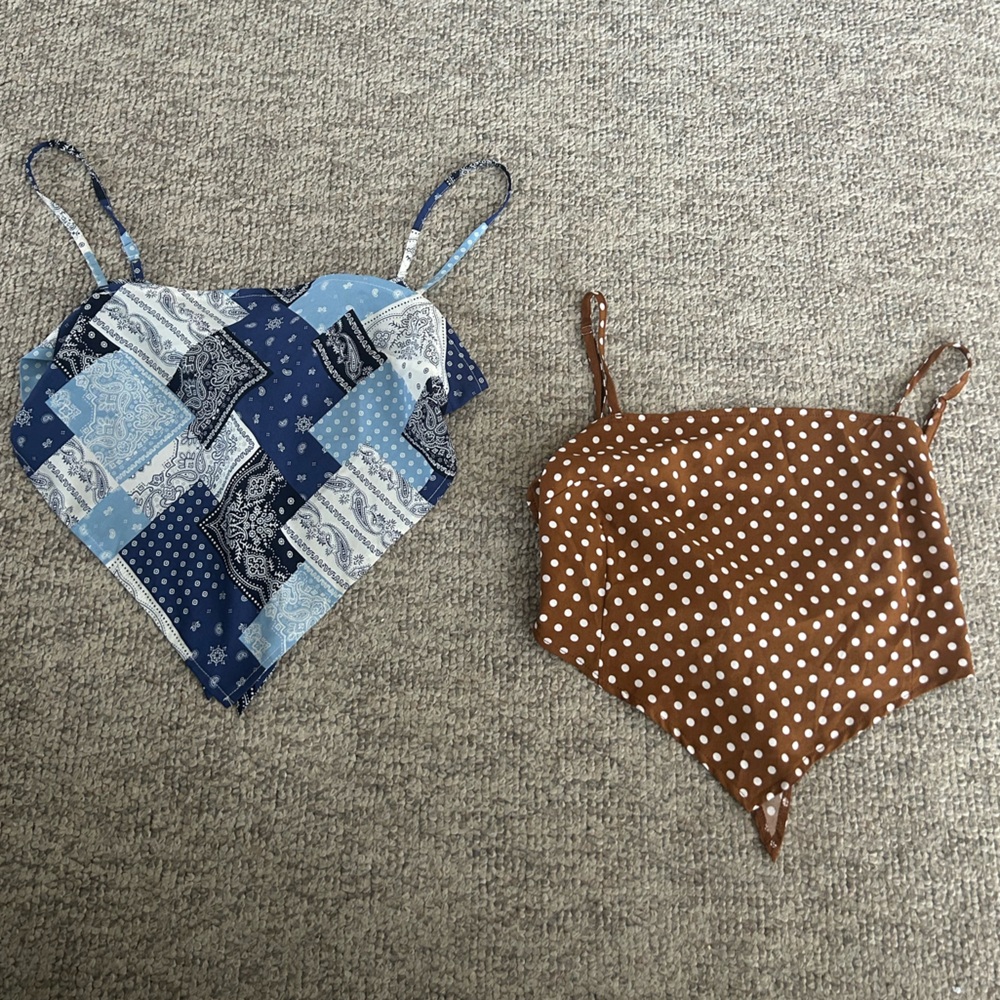XS POLKA DOT TIED BACKLESS BANDANA CAMI TOP (BROWN) & LARGE BLUE BACKLESS TOP